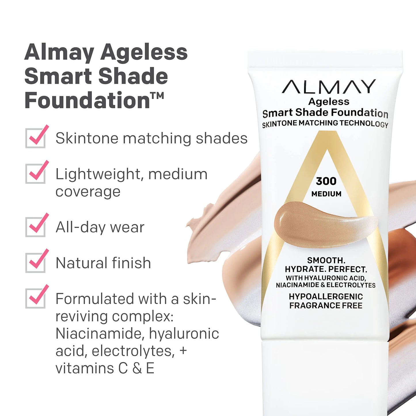 Almay Smart Shade Anti-Aging Foundation, Hyaluronic & Vitamins, Hypoallergenic, 1 Fl Oz