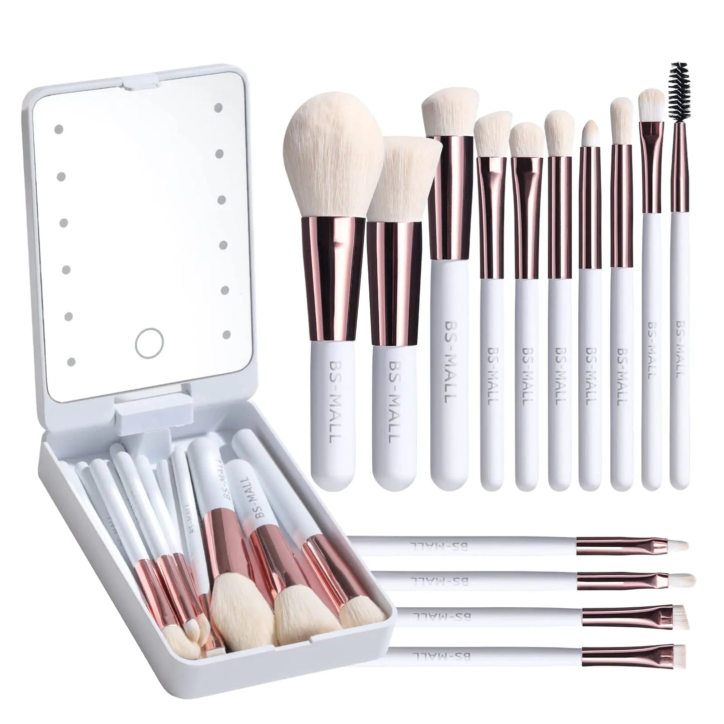 GlowVoyage 14-Piece Makeup Brush Set with LED Mirror