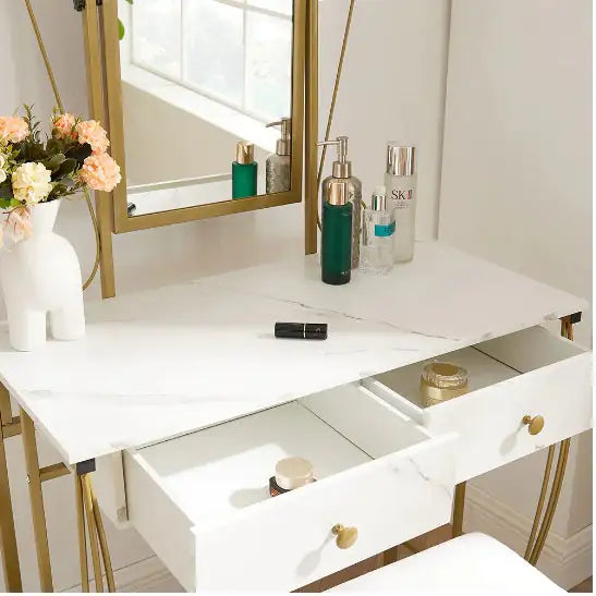 Chic White Vanity Set with Mirror and Stool