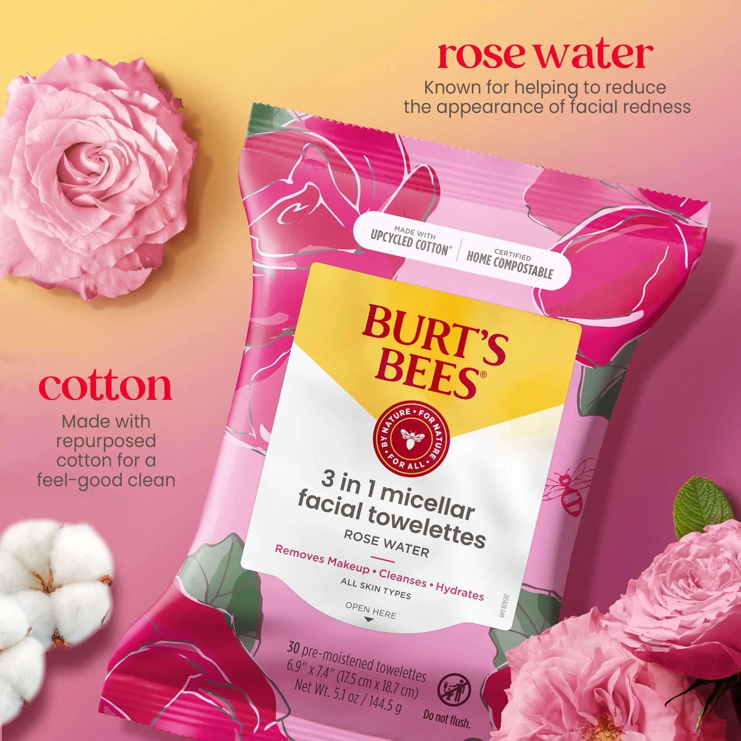 Burt's Bees Micellar Rose Cleansing Wipes, 30 Ct 3-Pack