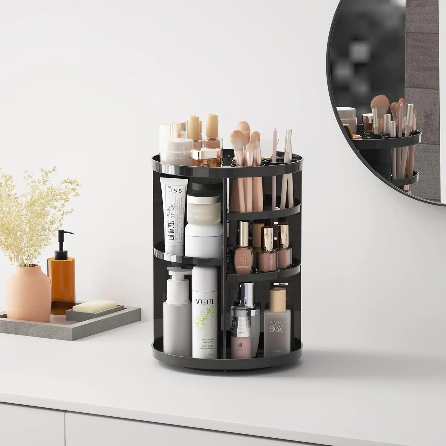 360° Black Vanity Spinning Makeup Holder