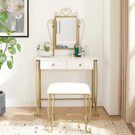 Chic White Vanity Set with Mirror and Stool