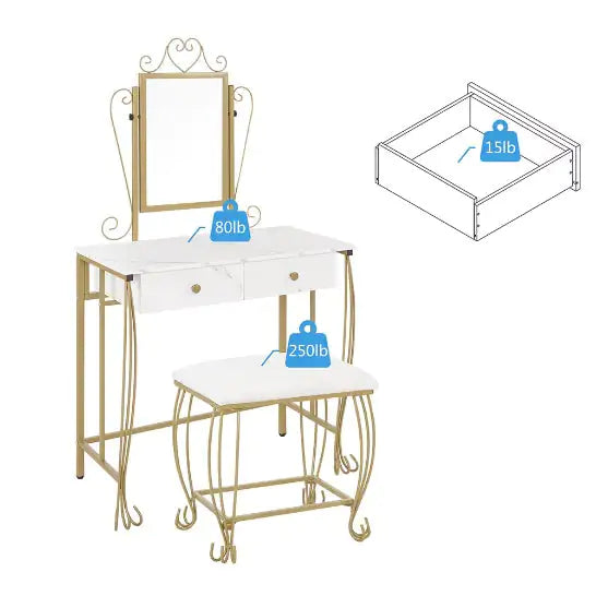 Chic White Vanity Set with Mirror and Stool