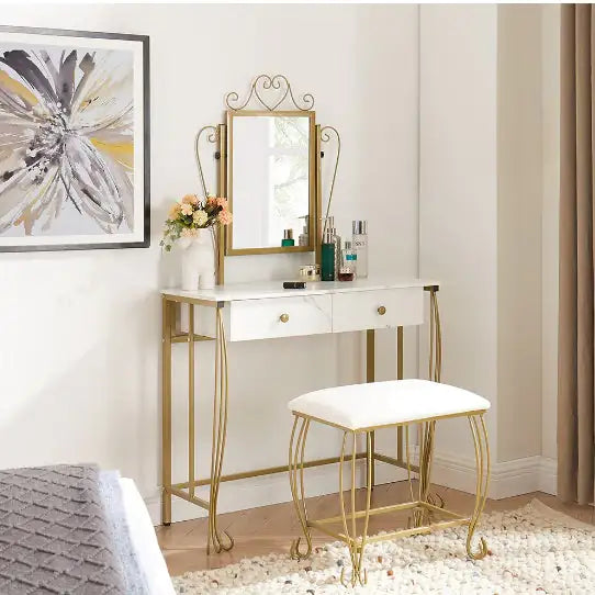 Chic White Vanity Set with Mirror and Stool