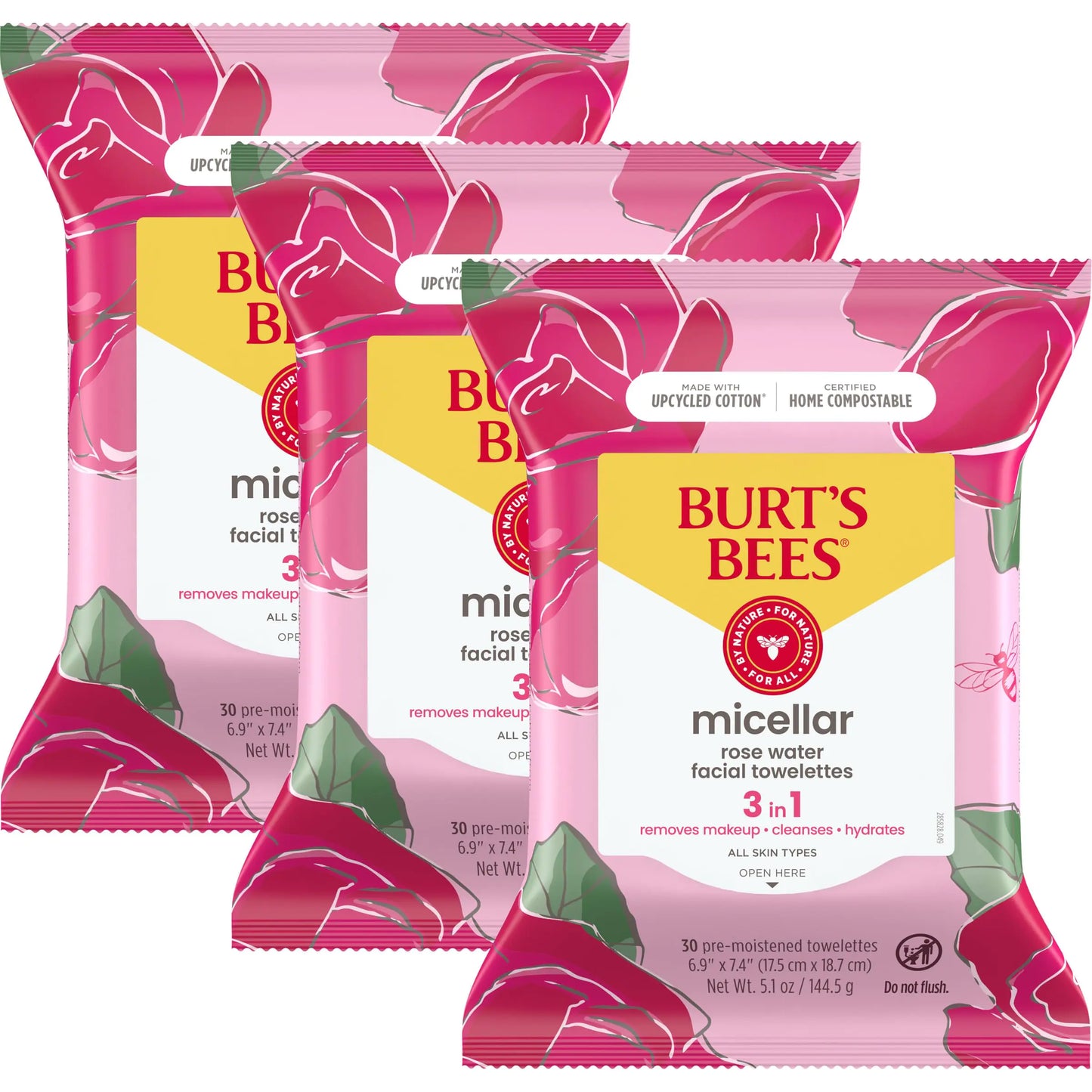 Burt's Bees Micellar Rose Cleansing Wipes, 30 Ct 3-Pack