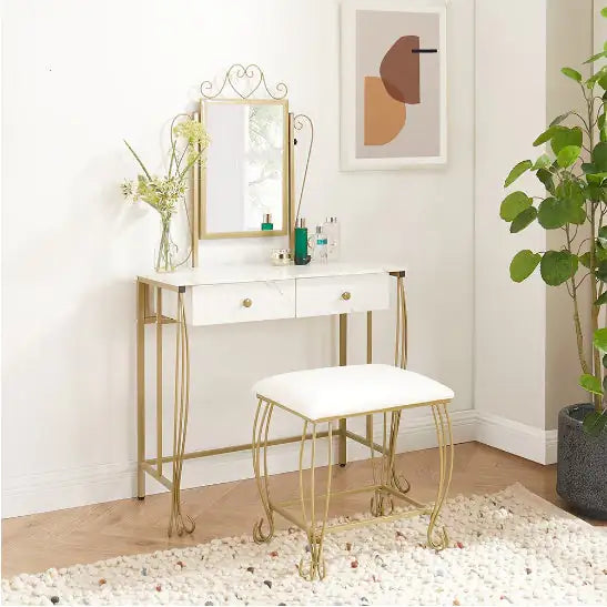 Chic White Vanity Set with Mirror and Stool